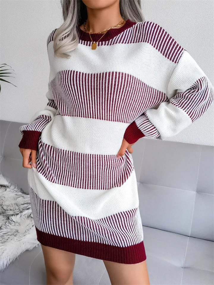 Striped Casual Loose Knit Sweater Dress-Cosfine