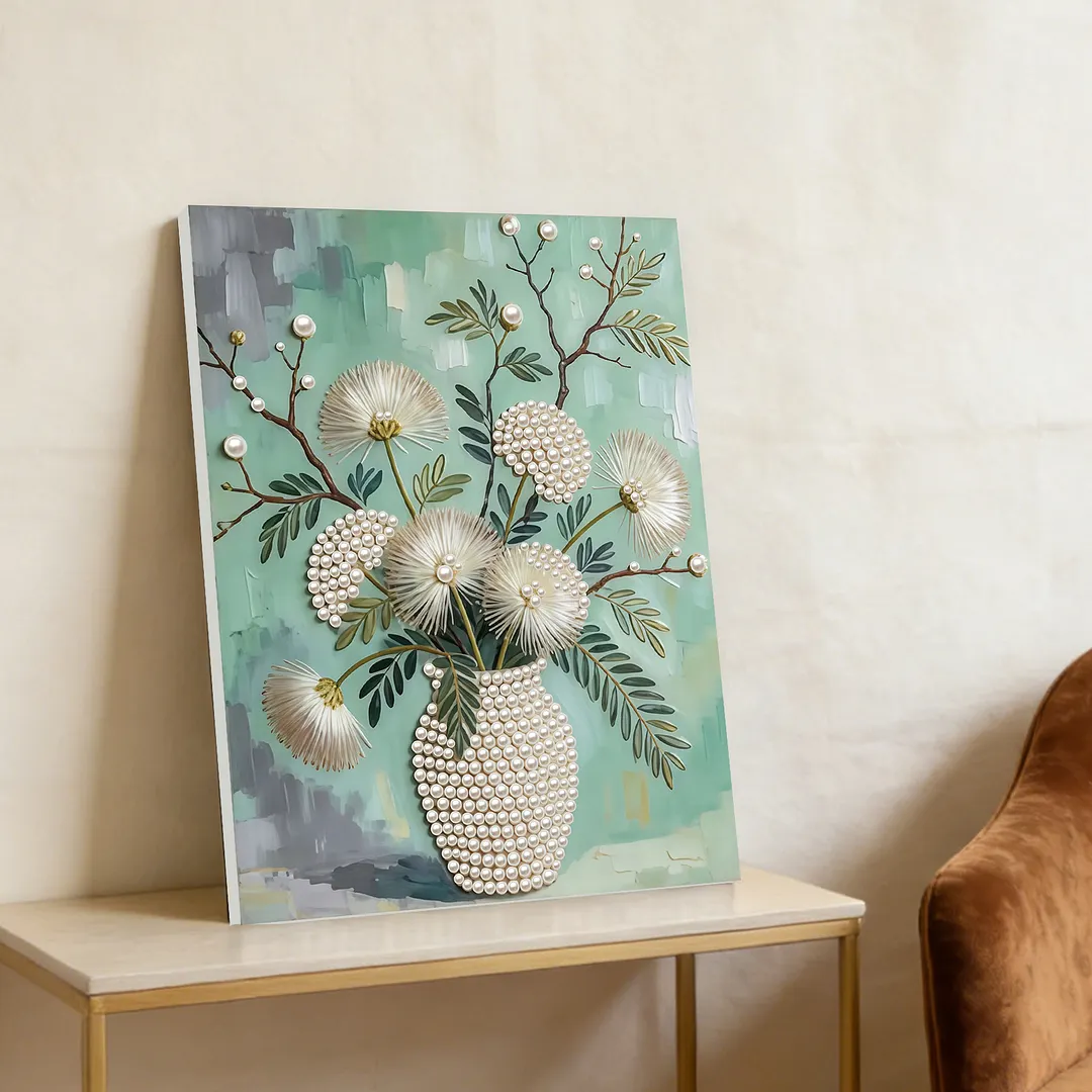 DIY Dandelion Vase Pearl Painting Kit for Adults Beginners Gift Idea Home Wall Decor Pearl Gem Paintings Picture Arts Craft 30x40cm with Frame