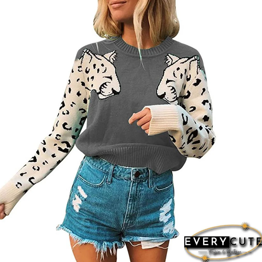 Gray Splice Leopard Heads Print Knit Sweater