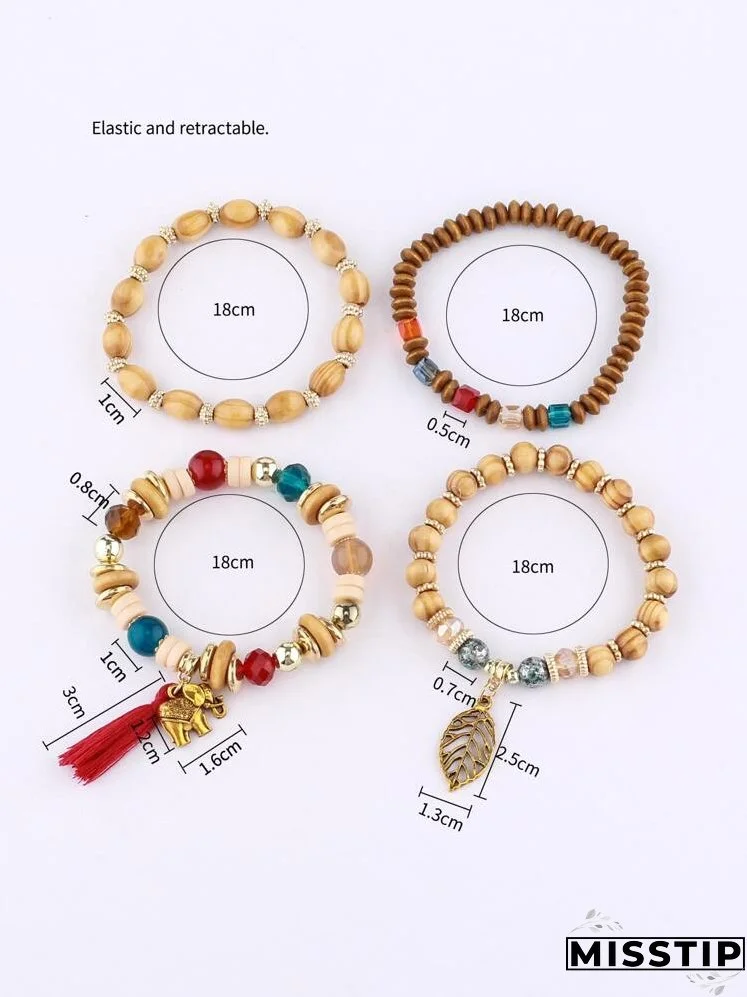 4pcs Leaf & Elephant Charm Beaded Bracelet