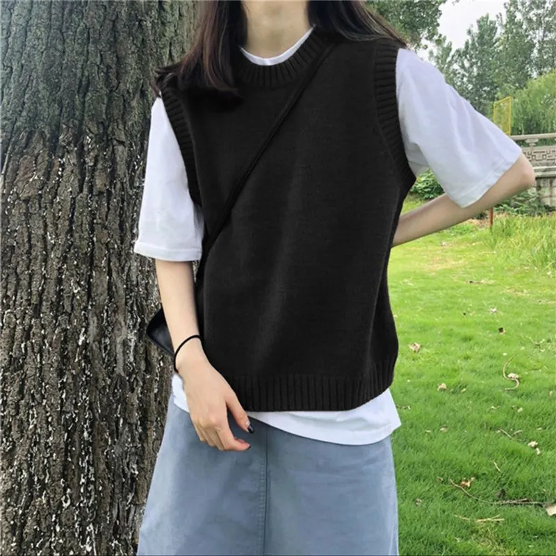 Churchf Churchf Autumn Round Collar Solid Color Knit Sweater Fold Wear Vest New This Year Popular Clip Outside The Foreign Style Vest Female