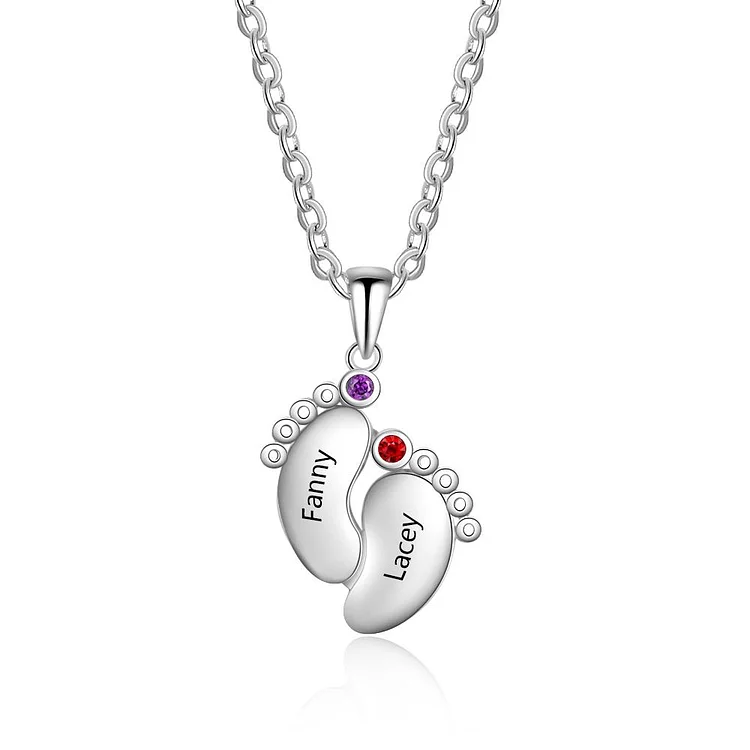 Baby Feet Necklace with 2 Birthstone Engraved 2 Names Gifts for Mother