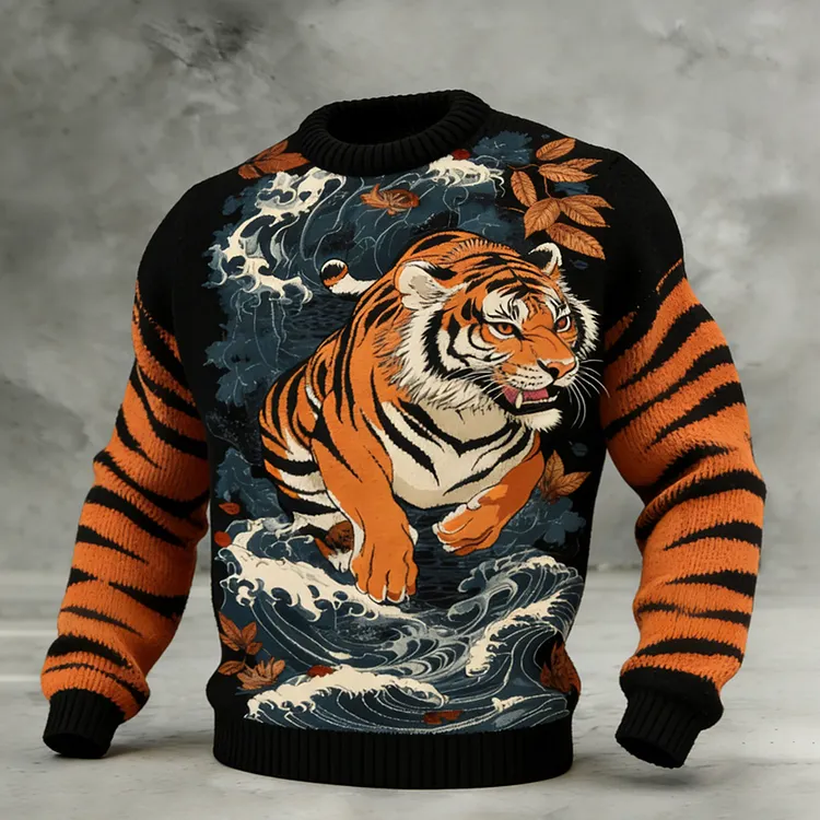 Japanese Ocean Tiger Pattern Men's Crew Neck Cozy Sweater