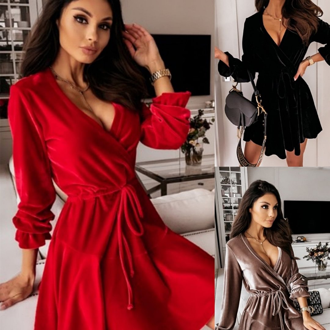 Women's Dress Veet Slim Fit Sexy V-neck Long Sleeve