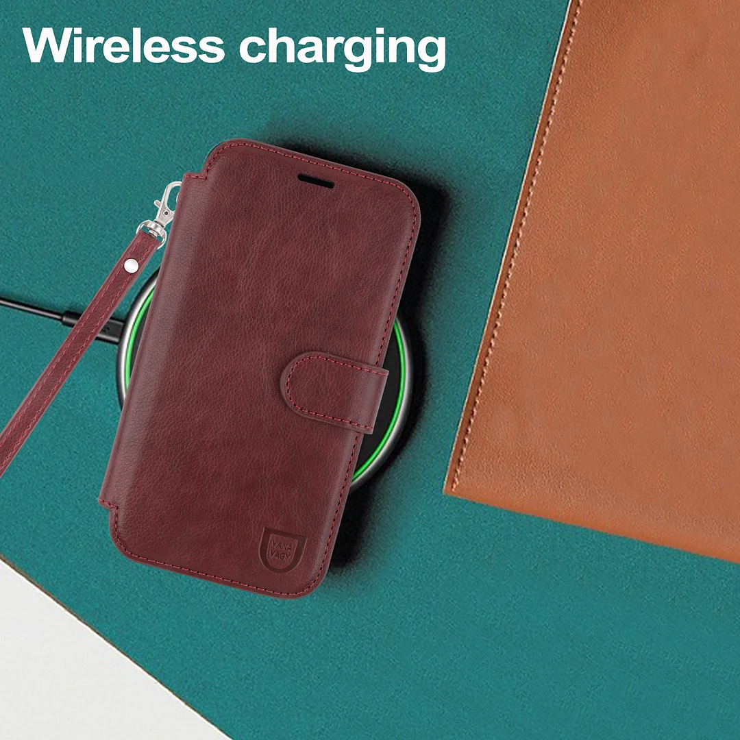 VANAVAGY Compatible for iPhone 16 Wallet Case for Magsafe Wireless Charging,Leather Flip Folio Wrist [Glass Screen Protectors & Camera Lens Protectors] with RFID Block Card Holder