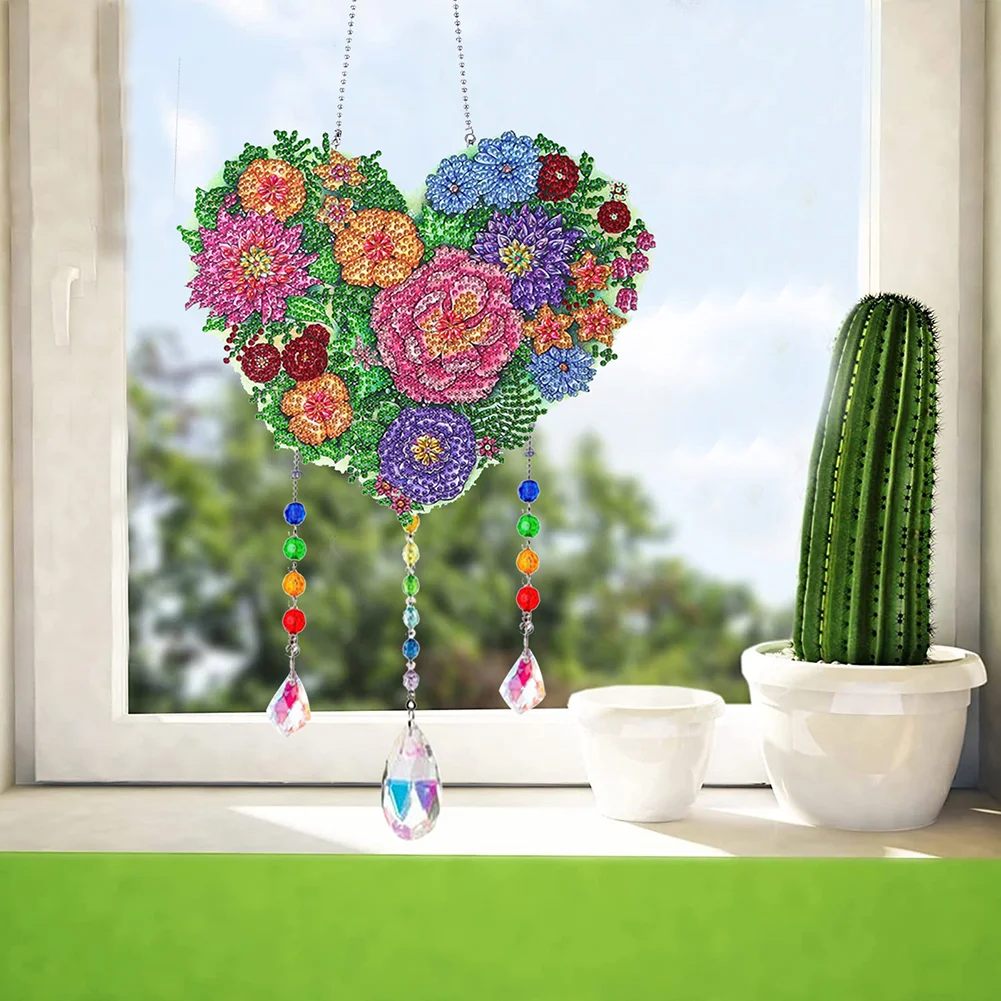 Flower Wind Chimes Heart Diamond Crystal Painting Ornaments for Home Wall Decor