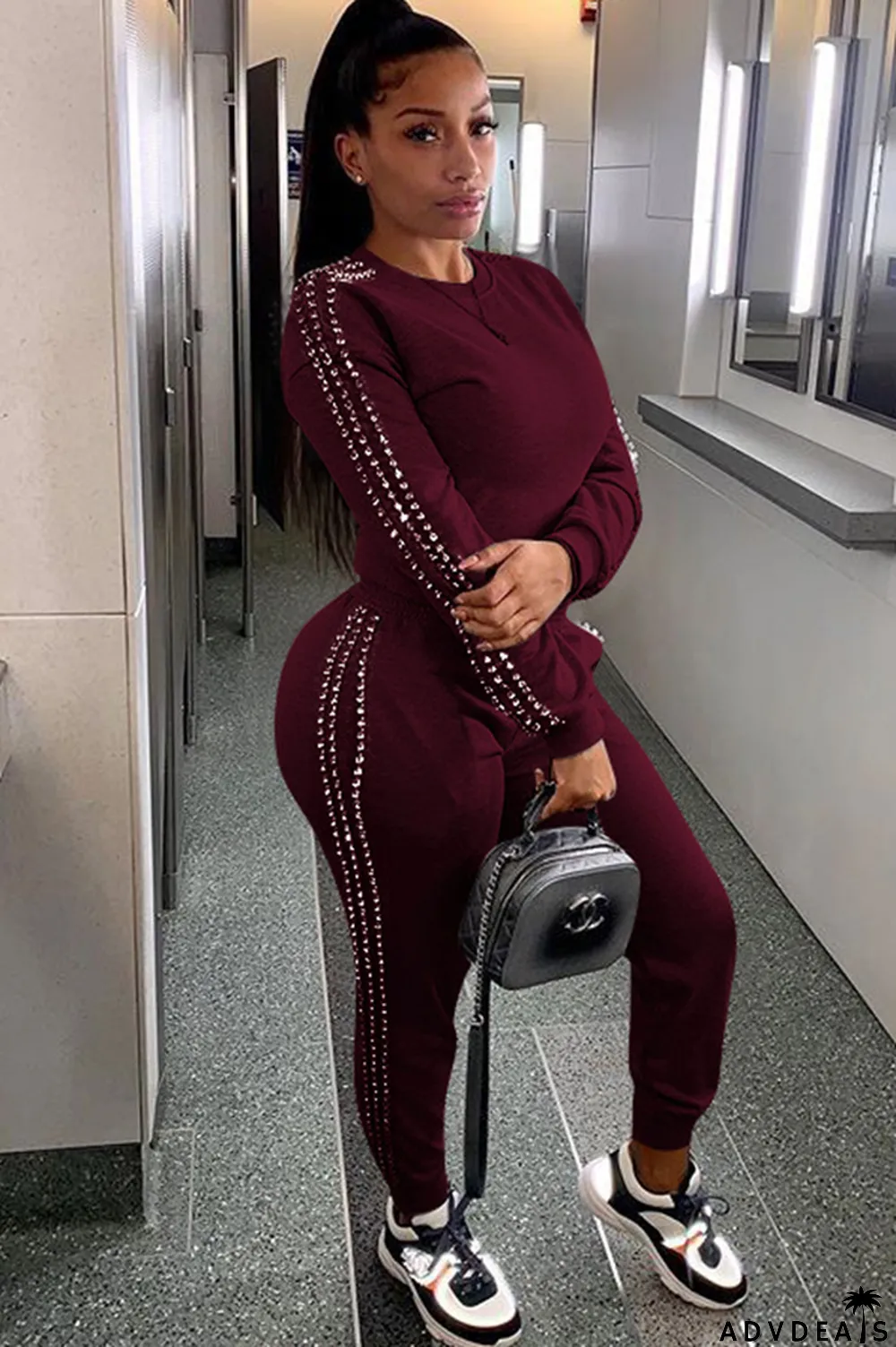 Black Casual Beading Solid Two Piece Suits Patchwork pencil Long Sleeve Two-piece Pants Set