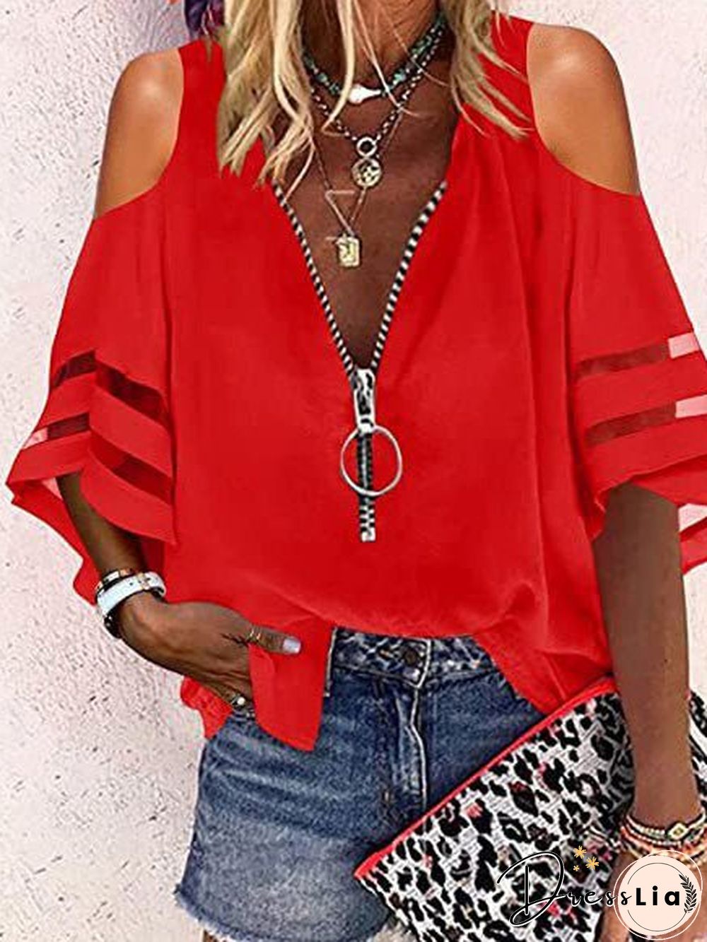 Women'S Blouses V-Neck Zip Flare Sleeves Mesh Panel Casual Blouse