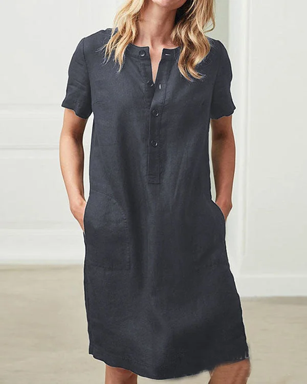 Short Sleeve Button Linen Dresses-nanadresses