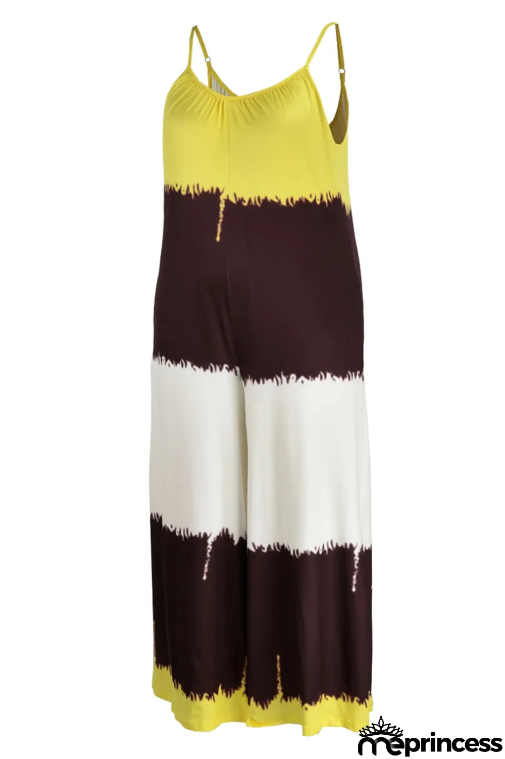 Yellow Casual Print Patchwork Spaghetti Strap Plus Size Jumpsuits