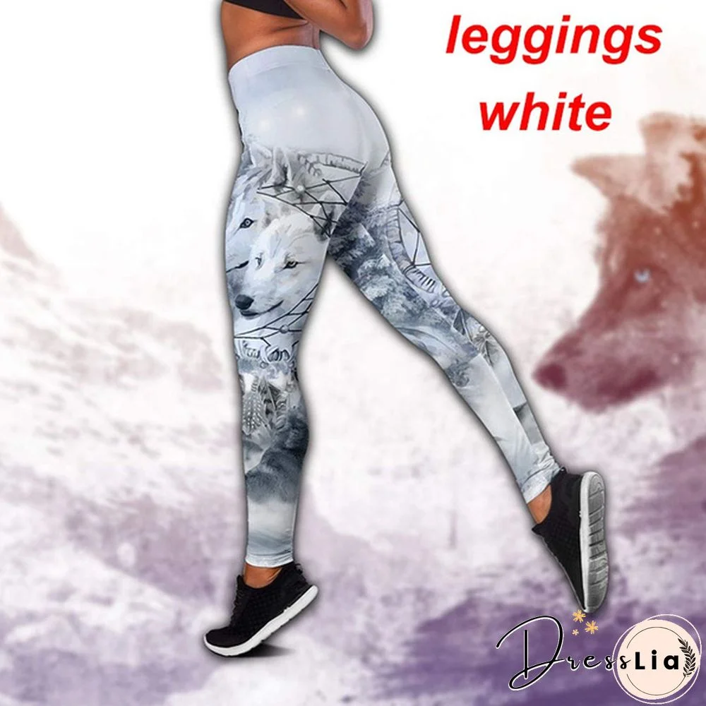 Women Wolf Native American 3D All Over Printed Legging + Hollow Tank Sleeveless Shirt Summer Vest for Women Plus Size Yoga Tank Tops Leggings Suit