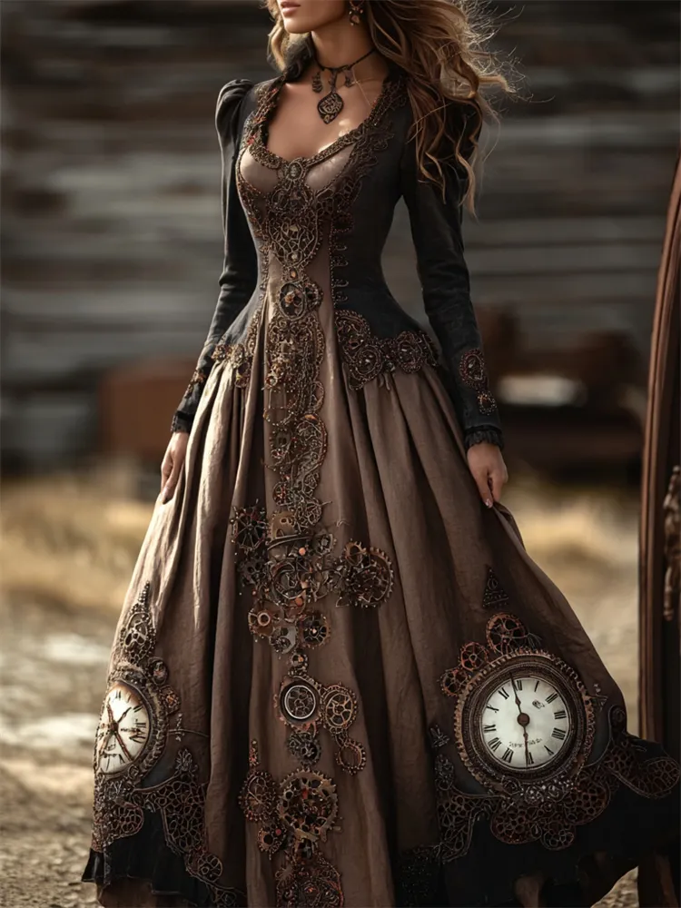 Clockwork Dress Vintage Steampunk Clock & Gear Inspired Linen Maxi Dress