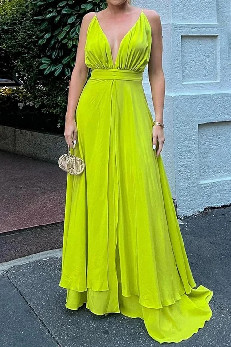 Fashion Deep V Solid Color Backless Irregular Elegant Party Maxi Dress