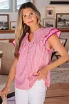 Women's Elegant Rose Stripe Shirred Yoke Ruffled Short Sleeve Blouse Top