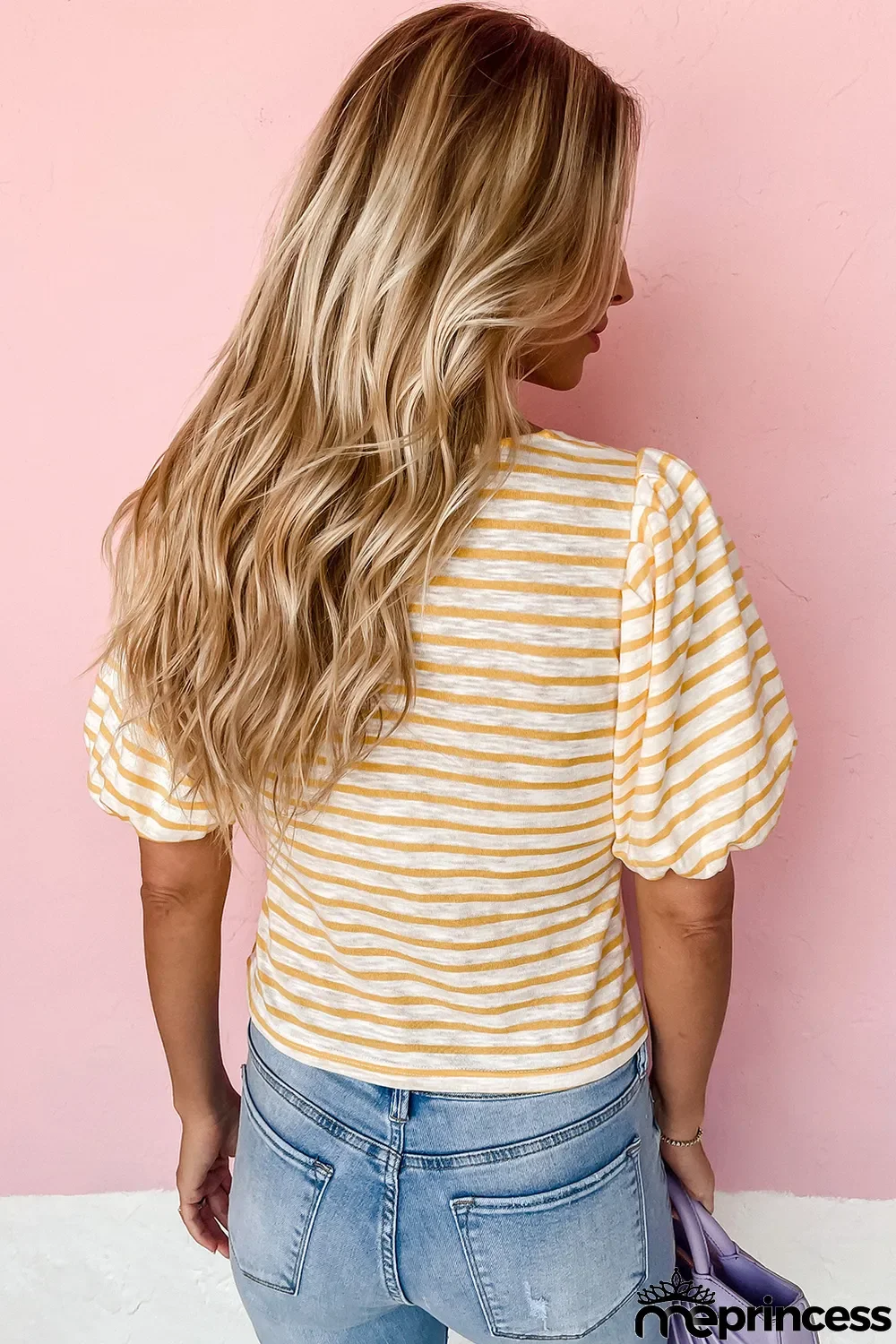 Stripe Square Neck Bubble Sleeve Top
