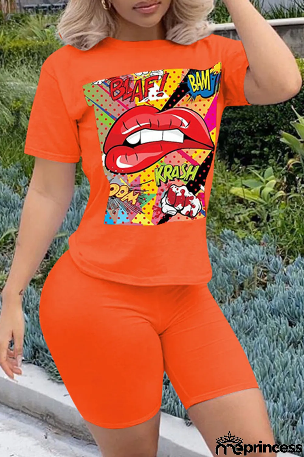 Orange Casual Letter Print Split Joint O Neck Short Sleeve Two Pieces