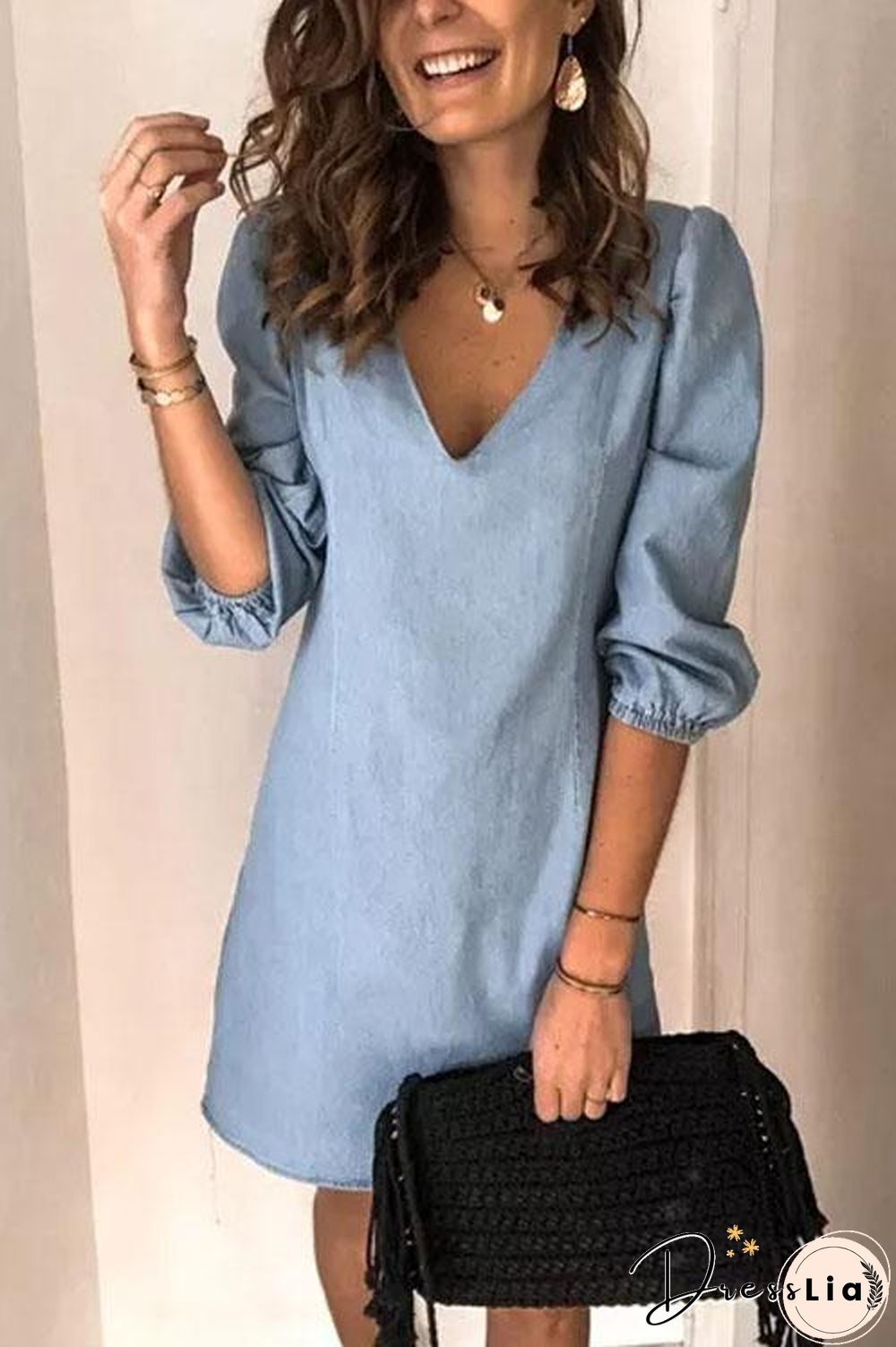 Puff Sleeve Simple Denim Dress
