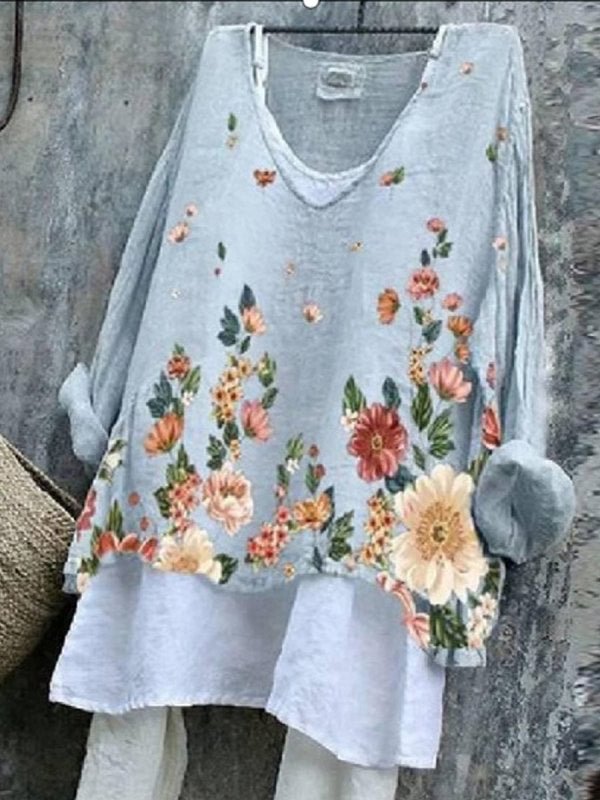 V-Neck Floral Print Casual Loose Fit Long Sleeve Blouse