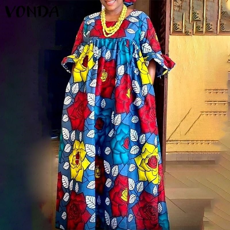 Women Summer Dress 2022 VONDA Vintage Floral Printed Long Maxi Dress Bohemian Sundress Casual Vestido With Pockets Oversized