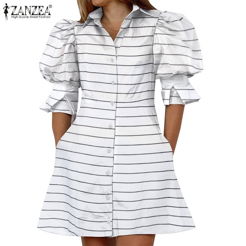 ZANZEA Fashion Summer Mini Dress Womens Elegant Solid  Robe Female Chic Lapel Vestido Casual OL Lapel Shirt Dresses Oversize