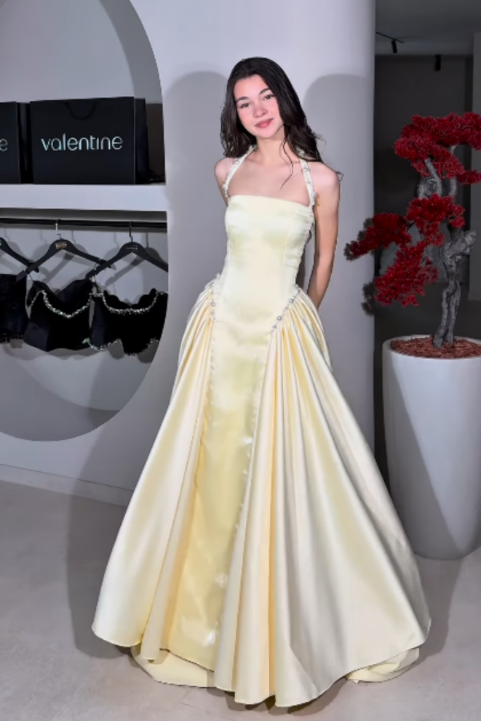 Ovlias Shinning Yellow Halter Strapless Prom Dress Pleated with Beading JQ0055