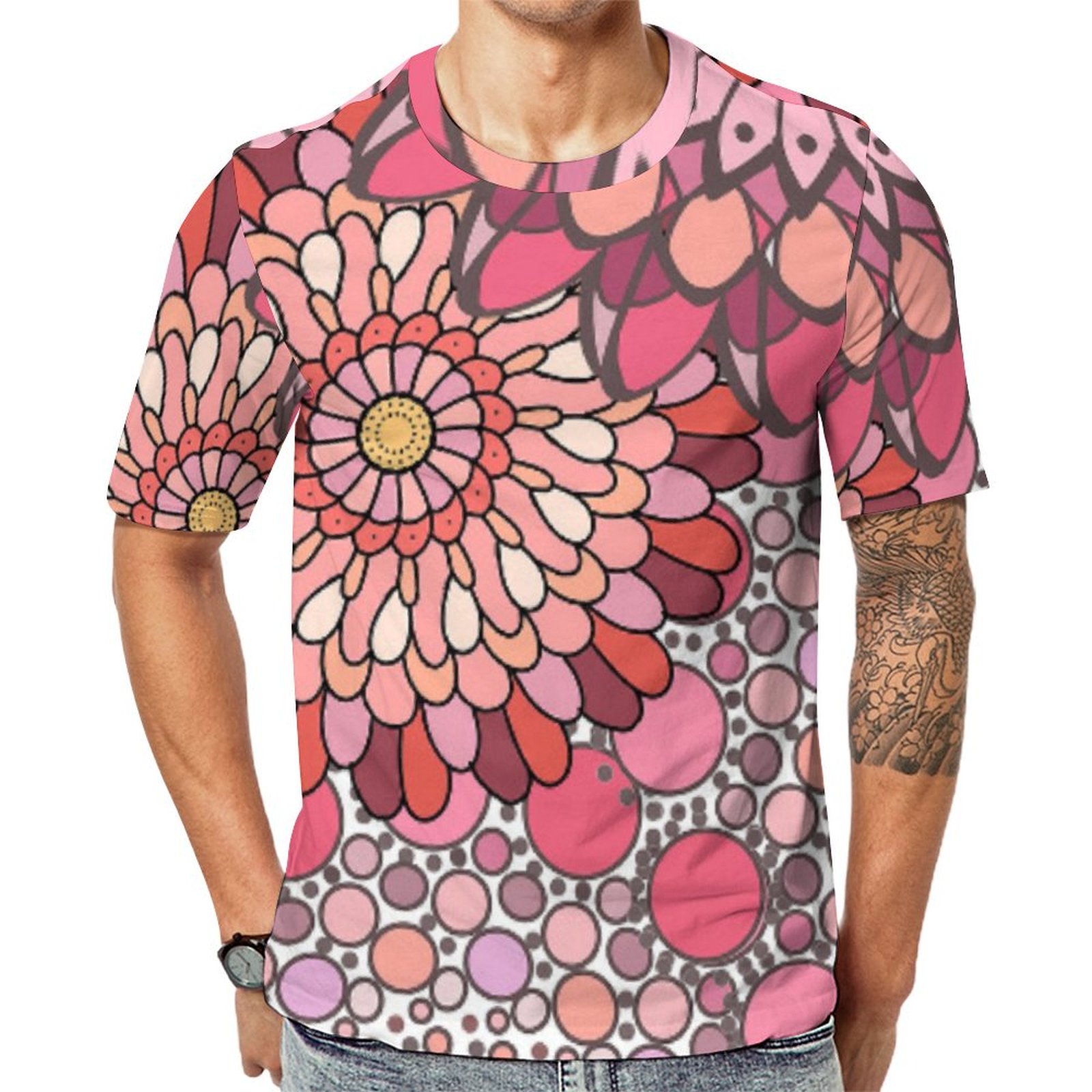 Girly Modern Pink White Geometric Floral Short Sleeve Print Unisex Tshirt Summer Casual Tees for Men and Women Coolcoshirts