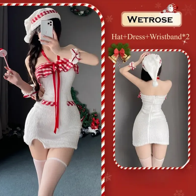 [Wetrose] In Stock Christmas Santa Fuzzy Dress with Plaid Bow Santa Hat Wrist Cuffs Holiday Party Outfit Cosplay Costume Xmas 