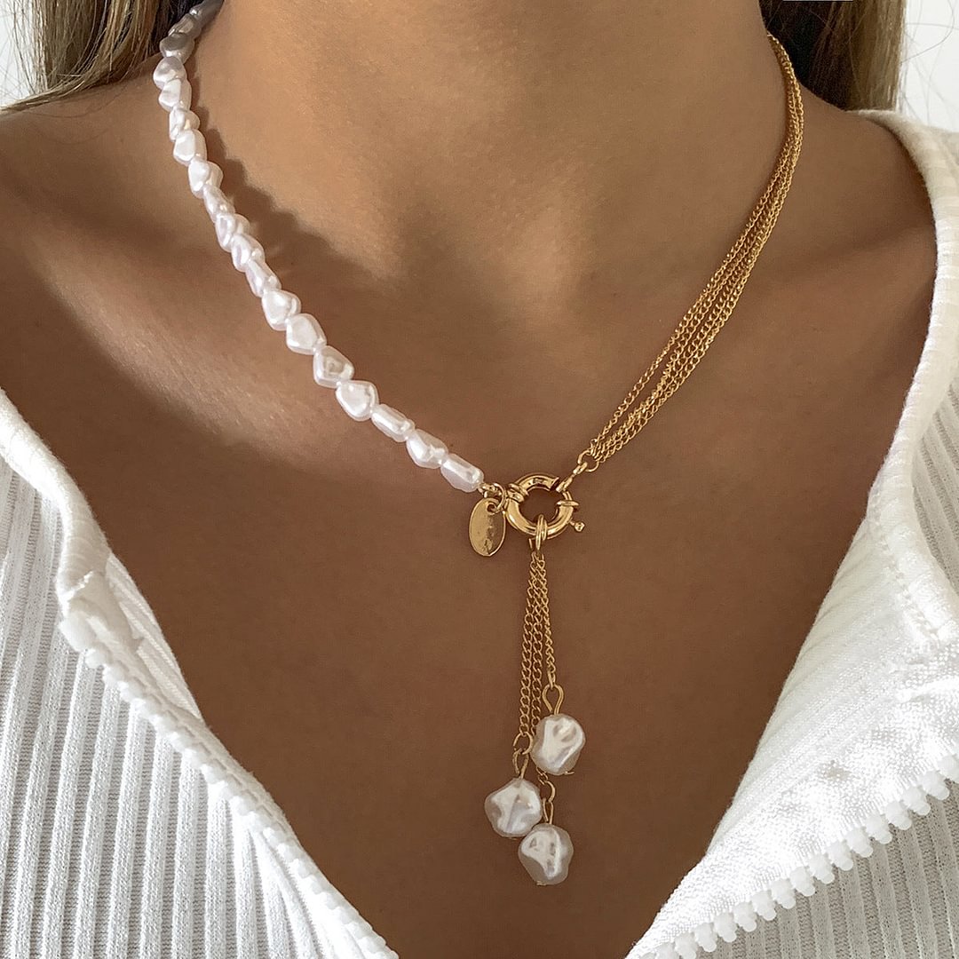 Metal Multilayered Chain Irregular Fashion Pearl Pendant Necklace