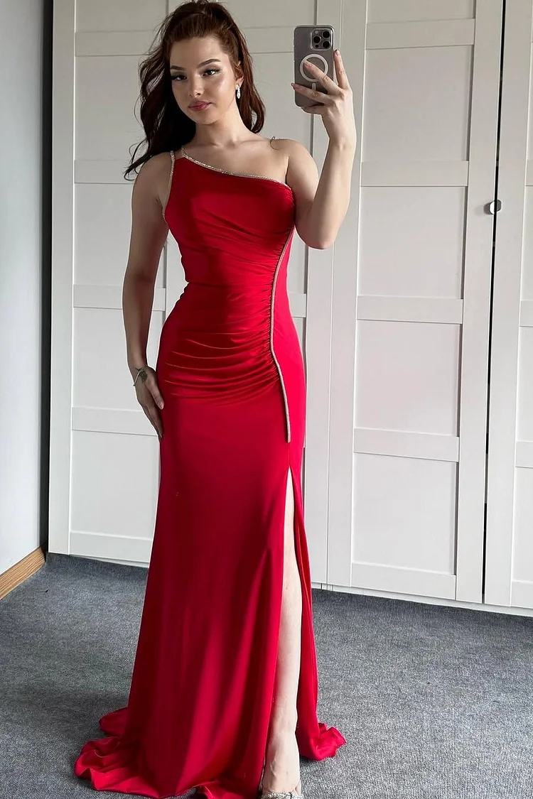 Hellodresses One Shoulder Sleeveless Mermaid Split Long Prom Dress With Sequins