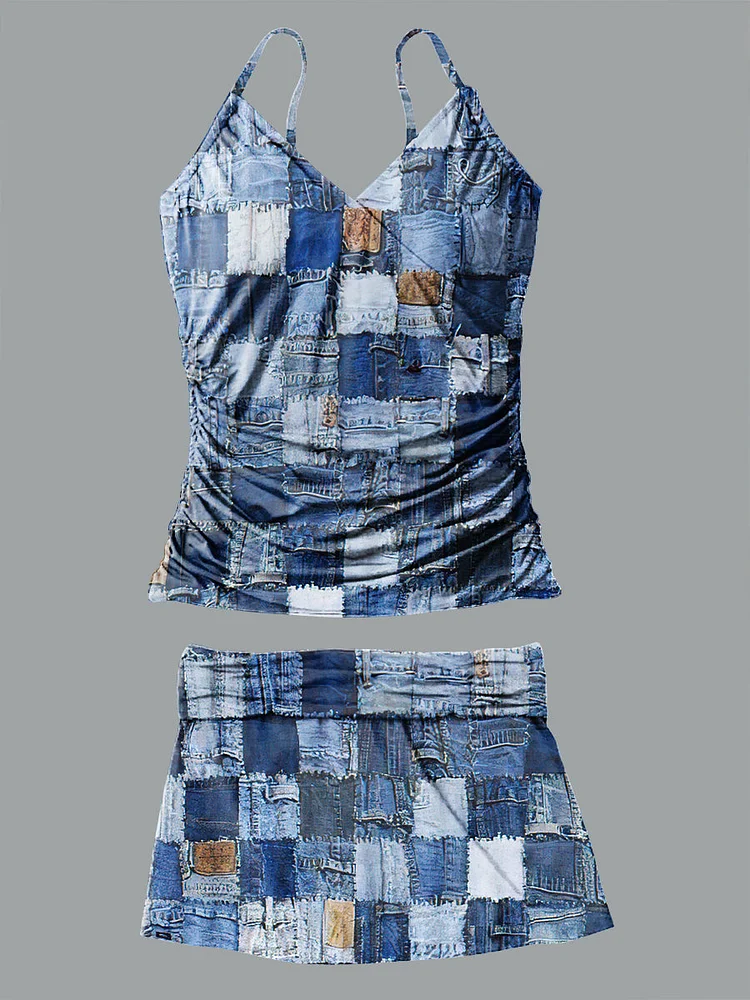 V-Neck Vintage Denim Color Patchwork Pattern Halter Pants Skirt Set Swimsuit