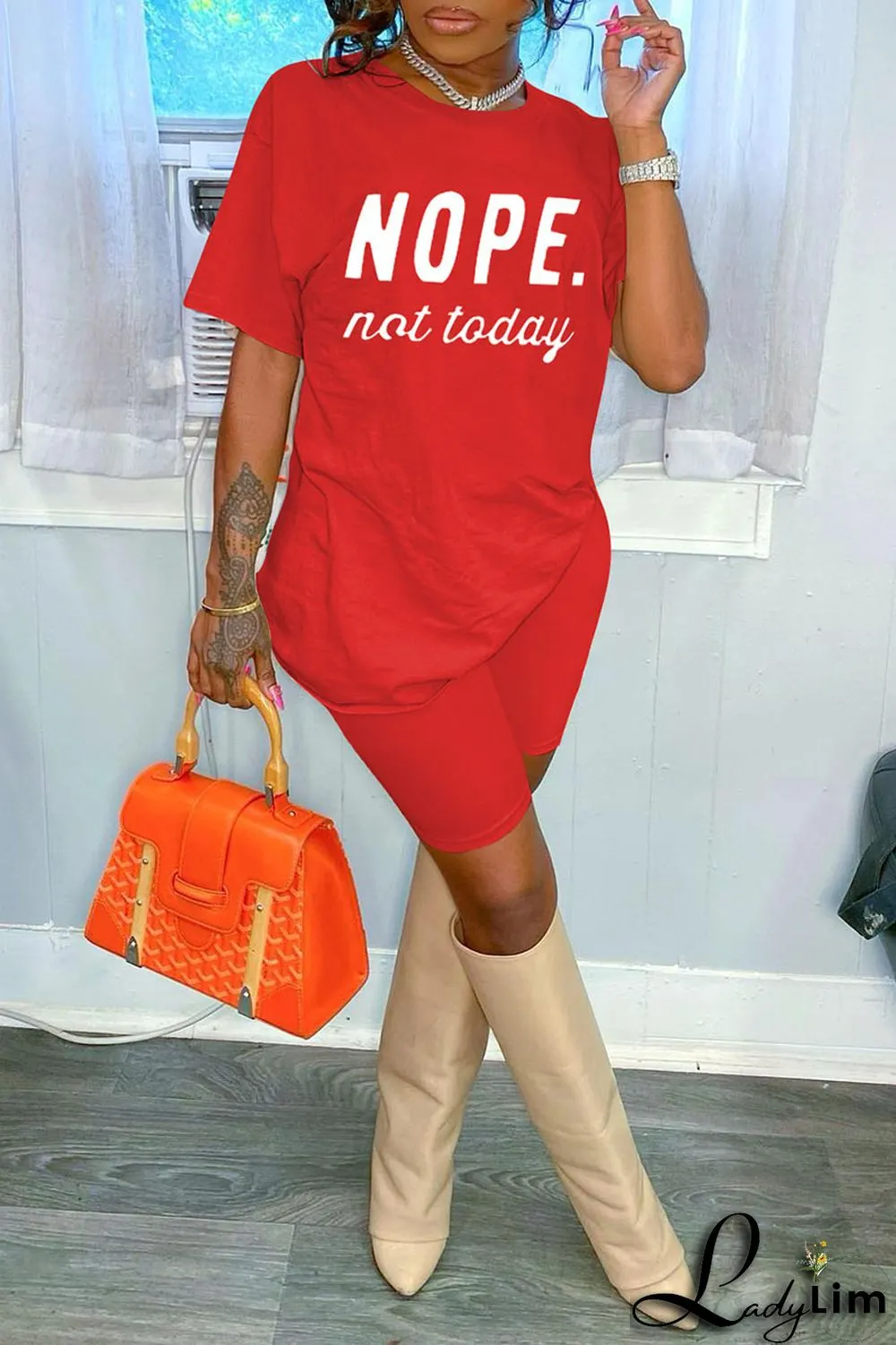 Red Fashion Casual Letter Print Basic O Neck Short Sleeve Two Pieces