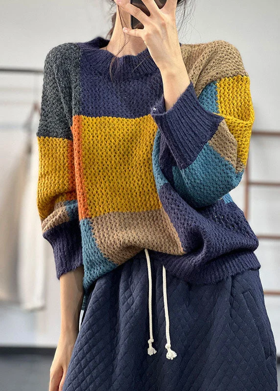Blue Warm Patchwork Knitted Tops O-Neck Oversized Winter