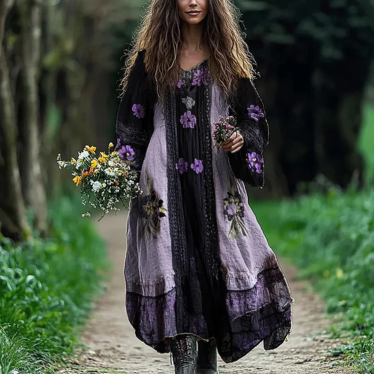Utbros Purple Floral Lace Hem Patchwork Flowy Linen Dress
