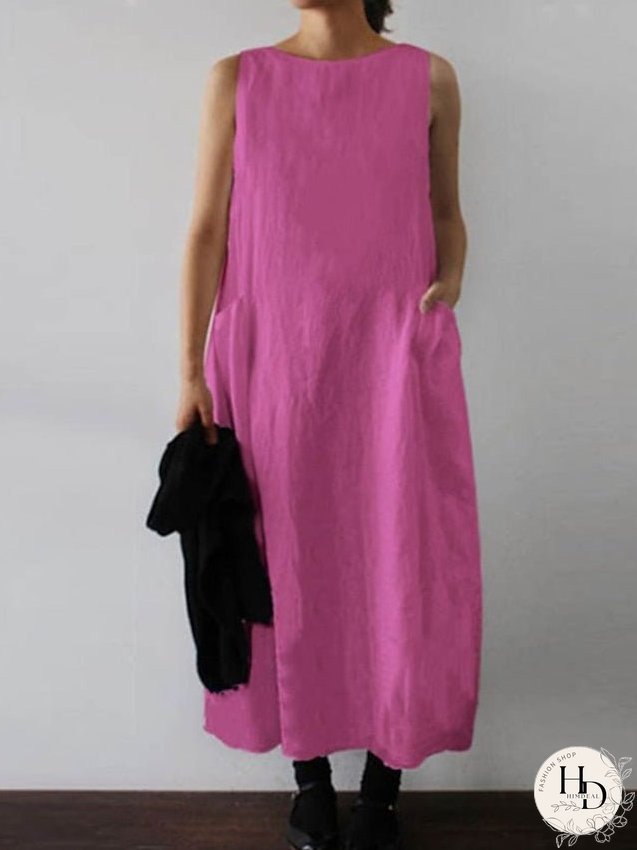 Cotton Linen Dress Maxi long Dress Cotton Blend Casual Comfort Home Daily Crew Neck Pocket Sleeveless Summer Spring Loose Fit White Yellow Fuchsia Pure Color S M L XL 2XL for Women