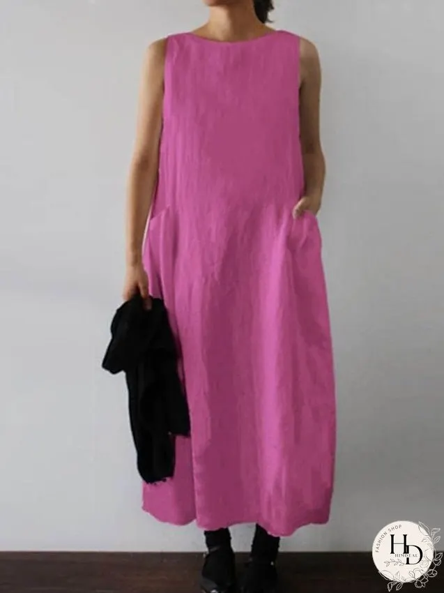 Cotton Linen Dress Maxi long Dress Cotton Blend Casual Comfort Home Daily Crew Neck Pocket Sleeveless Summer Spring Loose Fit White Yellow Fuchsia Pure Color S M L XL 2XL for Women