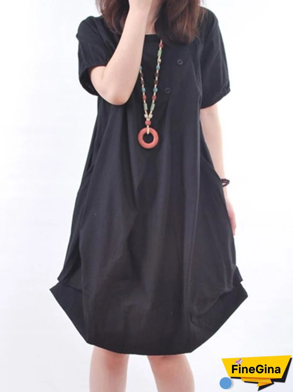 Crew Neck Short Sleeve Cocoon Casual Skirts Black Dresses