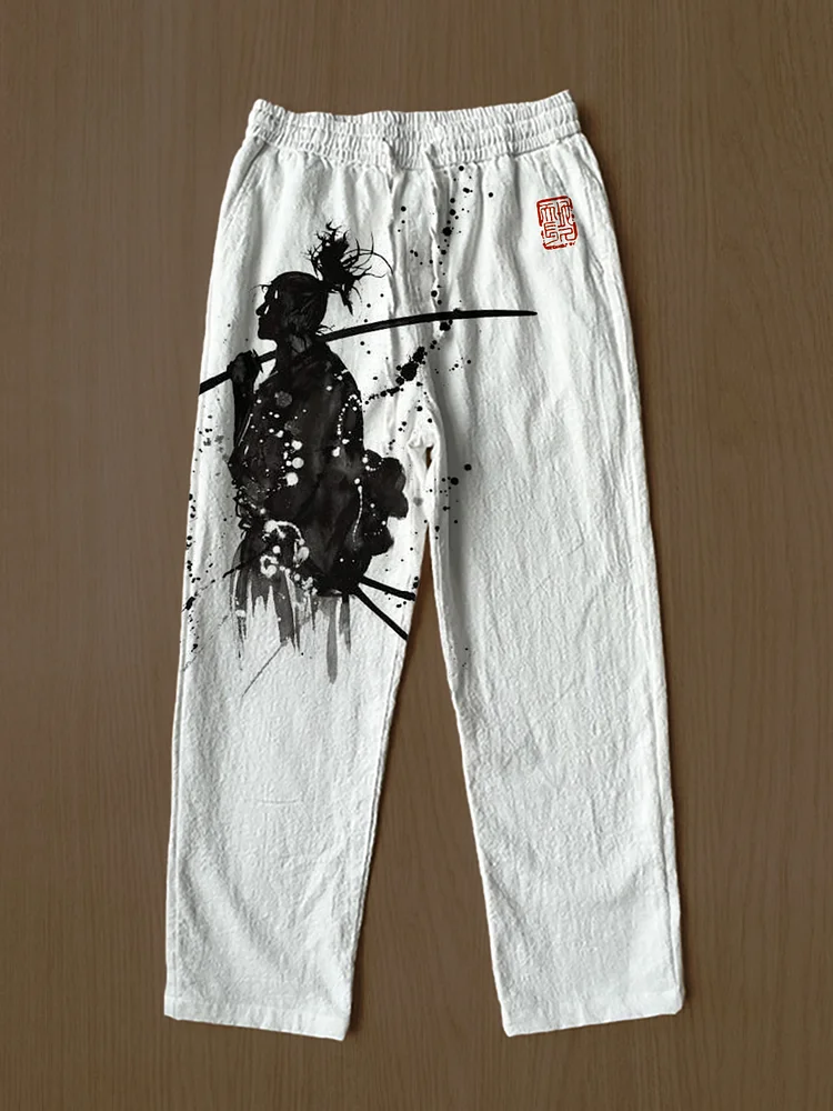 Men's Japanese Samurai Ink Painting Graphic Casual Pants