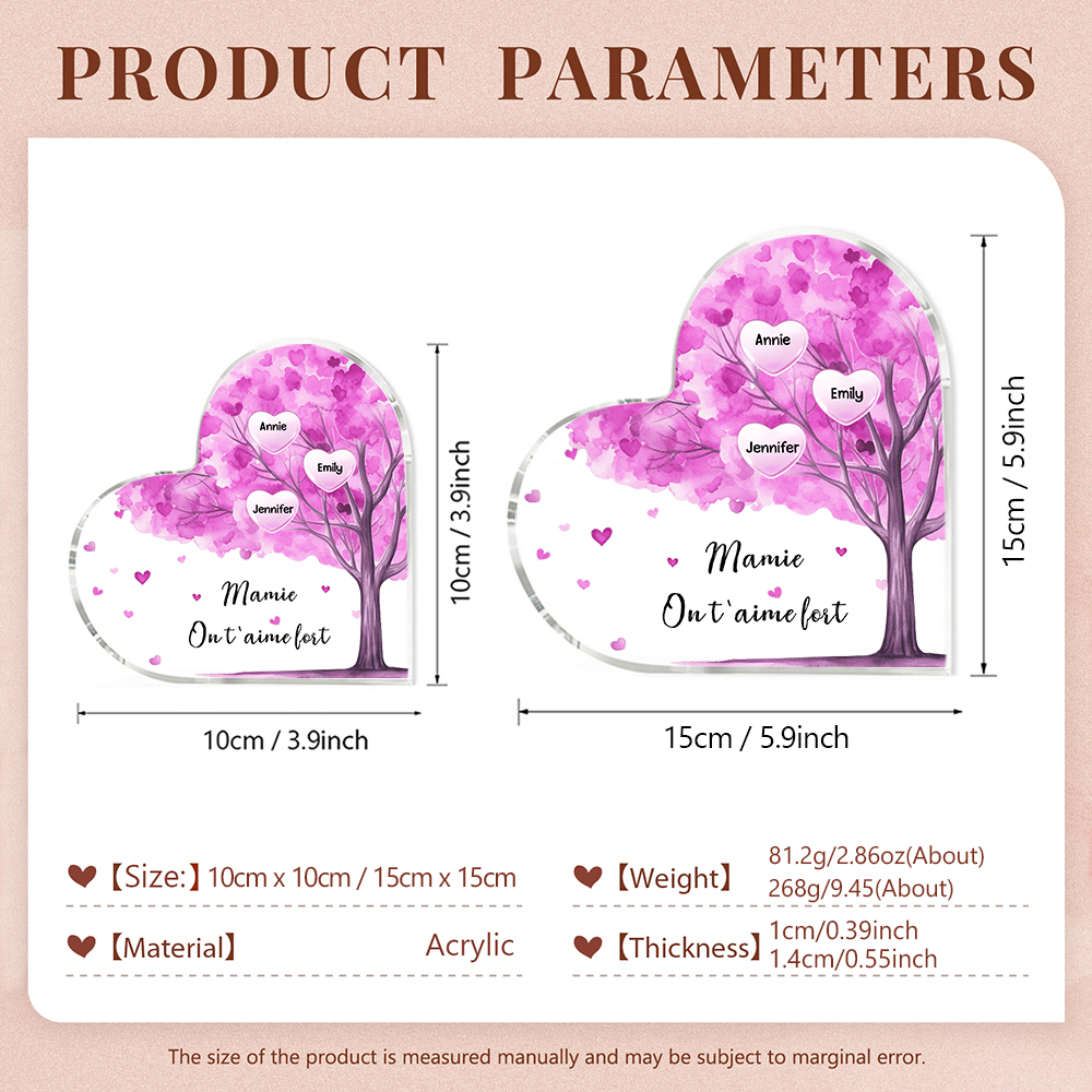 À ma Maman/Mamie - Plaque Acrylique Arbre en Forme de Cœur 3 Prénoms Personnalisés avec 1 Texte