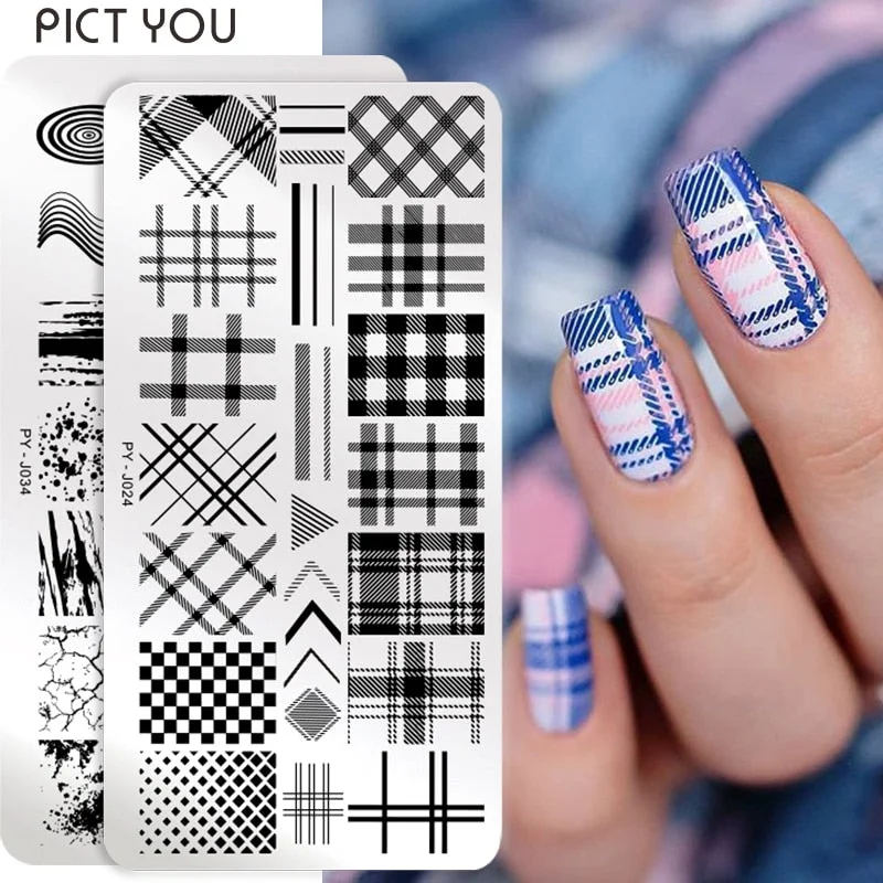 PICT YOU Plaid Check Nail Stamping Plates Xmas Tiger Zebra Marble Pattern Nail Art Image Plates Nail Printing Stencil Template-Nail Inspo