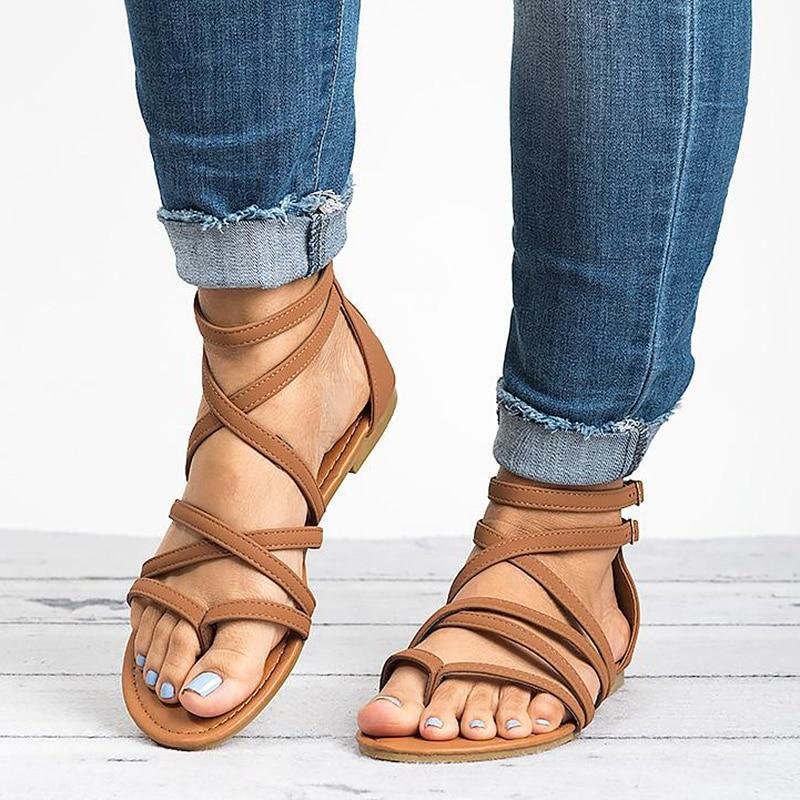 Women Rome Style Gladiator Sandals With Zip Flip Flop Flat Sandals - VSMEE