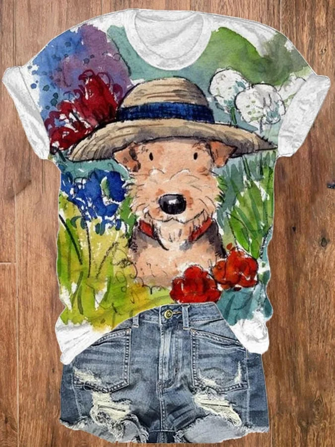 Women's Watercolor Dog Printed T-Shirt
