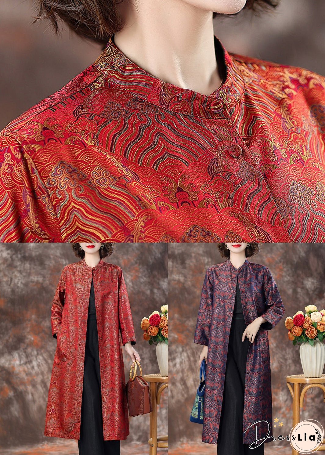 Purple Pockets Silk Coats Stand Collar Long Sleeve
