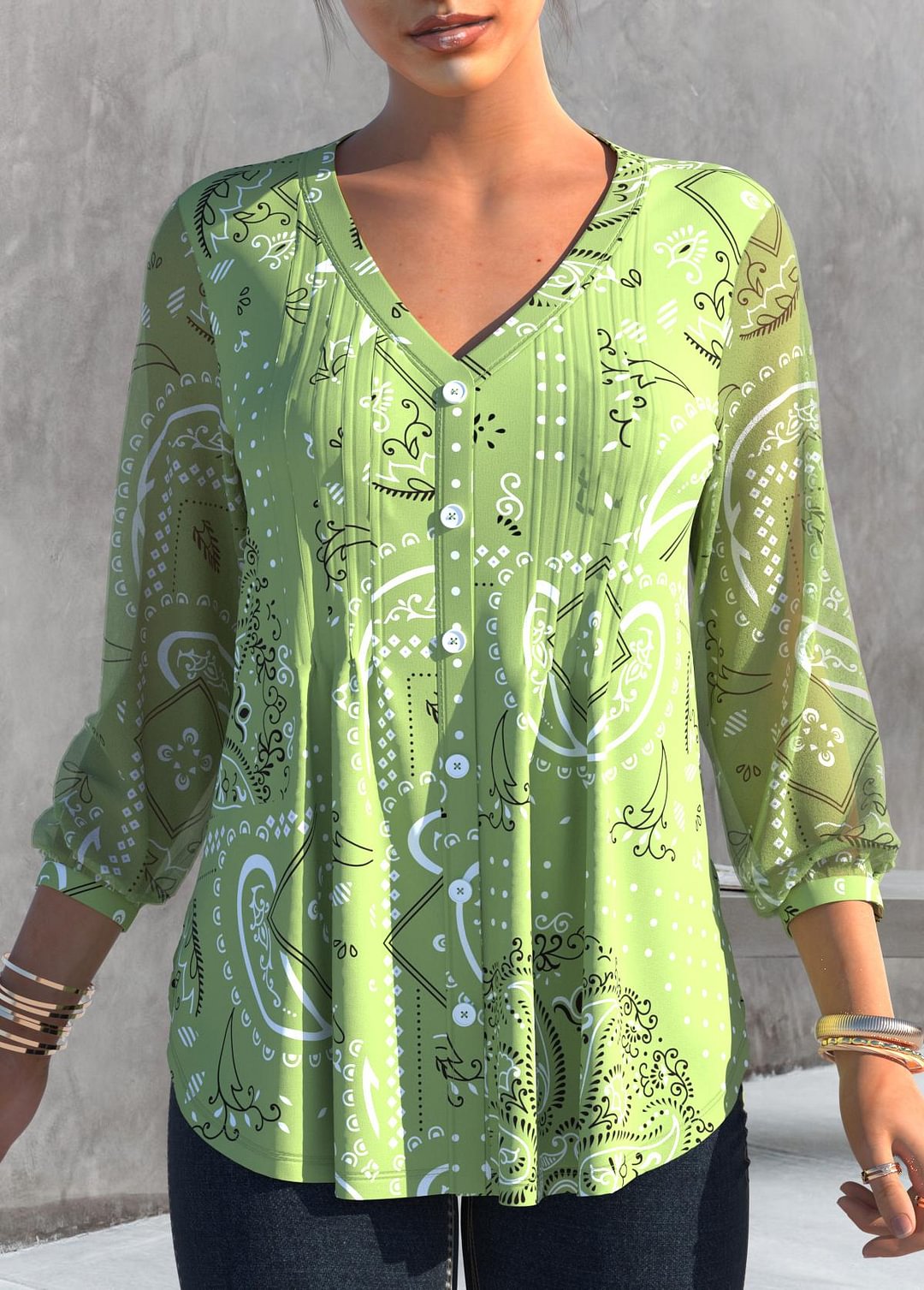 Light Green Crinkle Chest Paisley Print Blouse