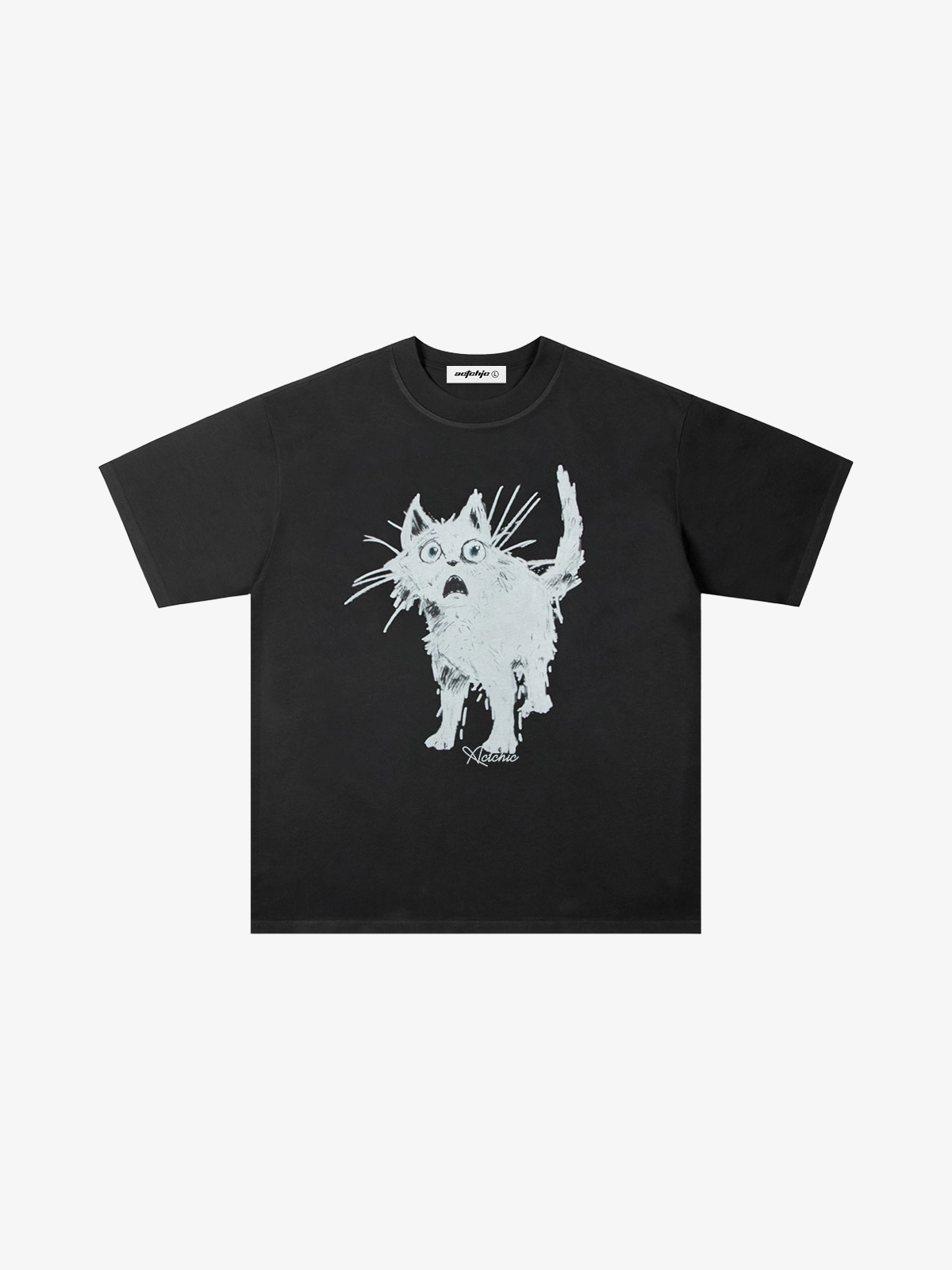 Black Act Chic Surprised Cat Graphic Print Tee Front