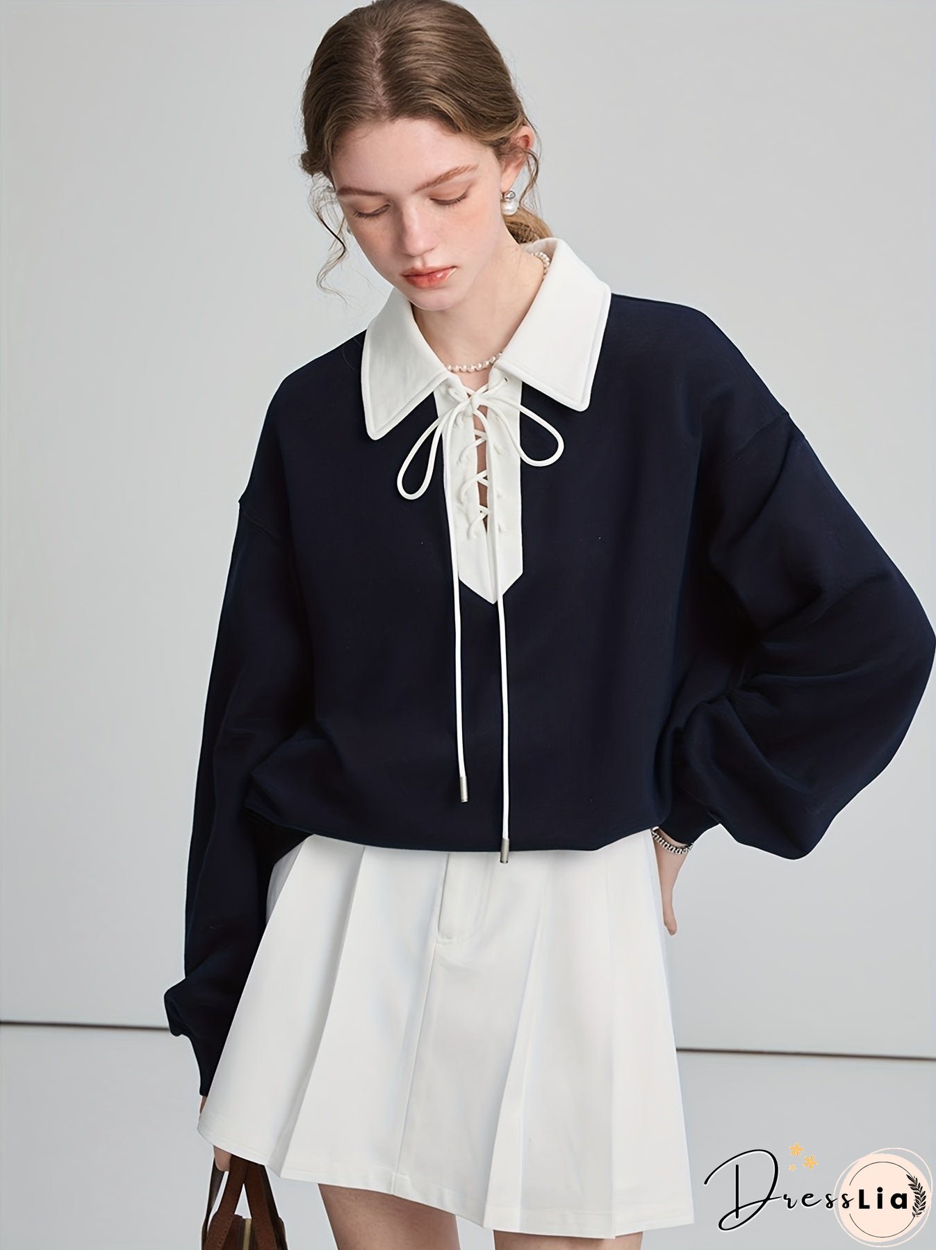 Lace Up Pullover Lapel Sweatshirt, Stylish Long Sleeve Sweatshirt For Fall & Winter, Women's Clothing