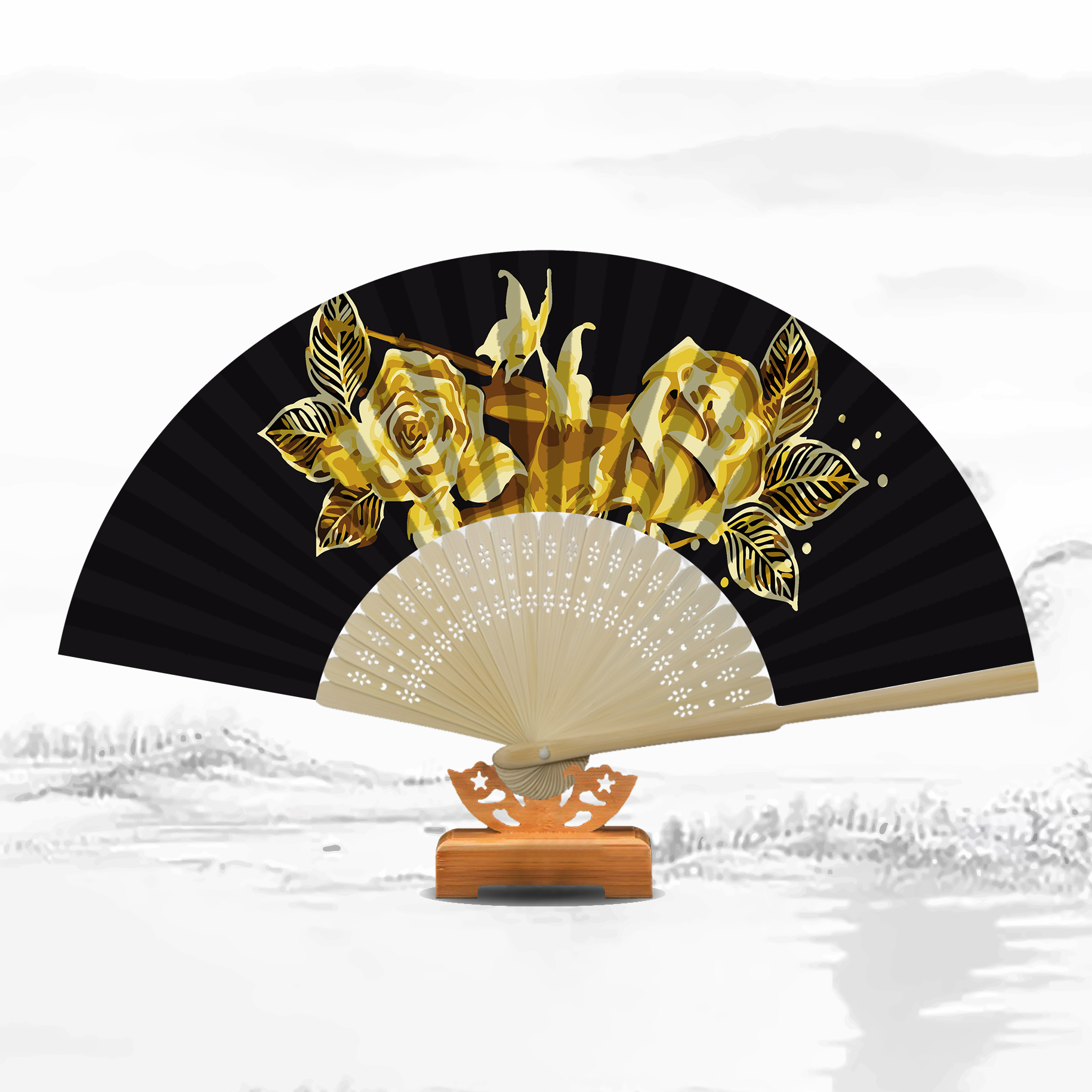 

Gold Rose Butterfly - Paint By Numbers - Folding Fan, 501 Original