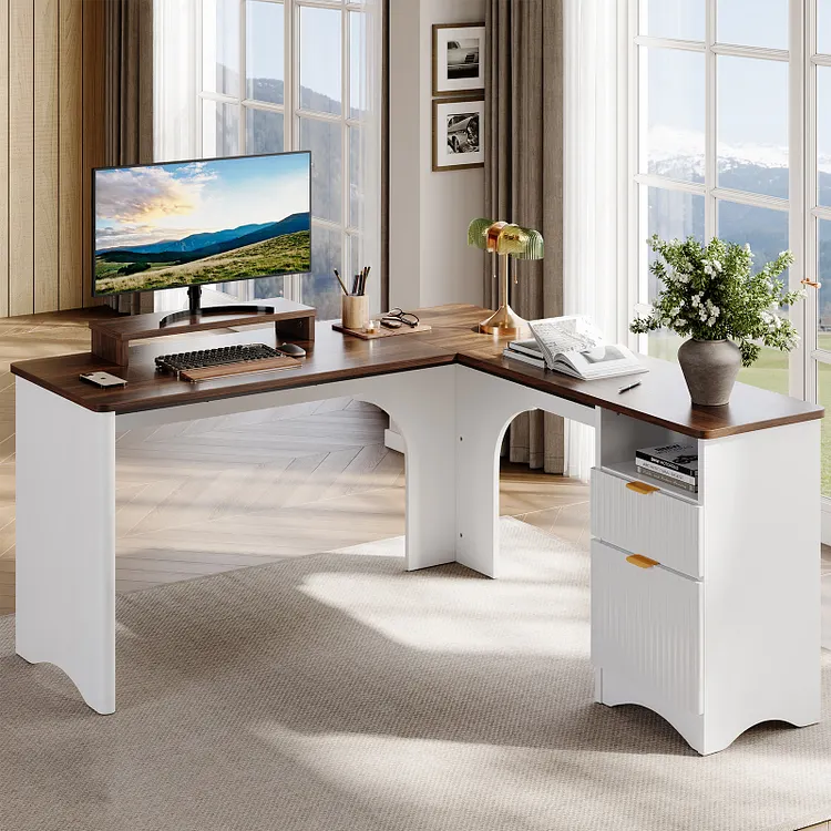 Bestier L Shaped Desk with File Drawer, 55.7" x 55" Office Computer Desk with Round Corners, Modern Desk with Monitor Stand & Fluted Panels for Home Office, White & Cherry