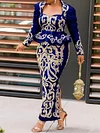 Elegant Bronzing Retro Print Square-Neck Long Sleeve Wrap Maxi Dress
