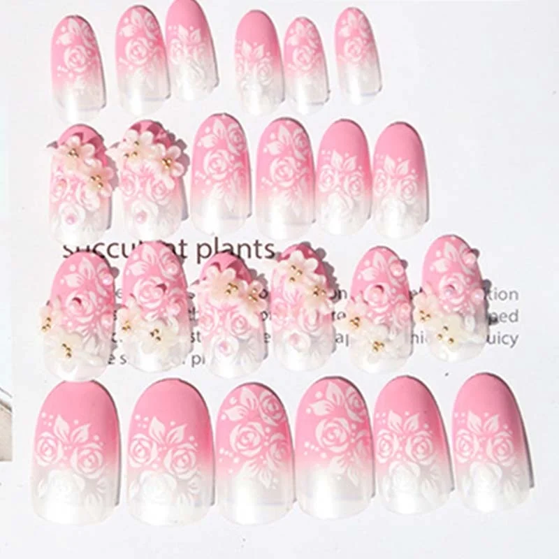 DIY Pink Color Artificial Nails Bride Wedding Shining Rhinestone Fake Nail 3D Flowers Full Cover Nails Tips with Glue 24pcs/set-Nail Inspo