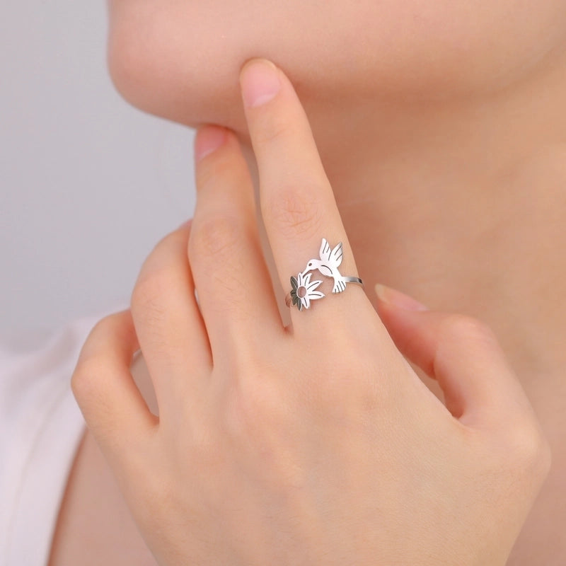 Cute Flower Bird 304 Stainless Steel 18K Gold Plated Hollow Out Rings